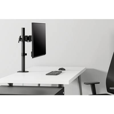Support de moniteur réglable en hauteur sur un bureau blanc avec clavier et souris ; espace de travail moderne et minimaliste.