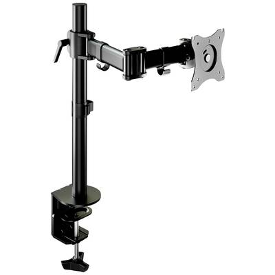 Un support de moniteur réglable en métal noir avec une pince de table et un bras articulé permettant de positionner un écran de manière flexible.