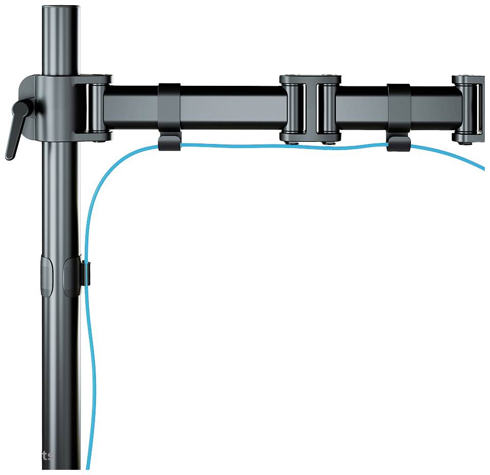 Un bras de moniteur noir avec des supports de gestion de câbles, monté sur un poteau vertical. Un câble bleu est passé à travers.