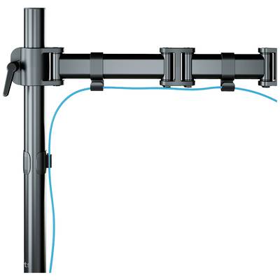 Un bras de moniteur noir avec des supports de gestion de câbles, monté sur un poteau vertical. Un câble bleu est passé à travers.