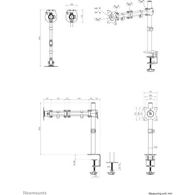 Dessin technique d'un bras de moniteur avec dimensions en millimètres. Présente les options de montage, les articulations pour l'inclinaison et la rotation, et le réglage en hauteur.