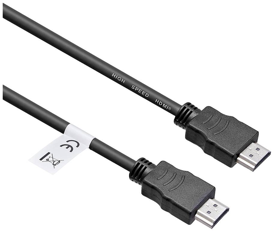 Câble HDMI haute vitesse noir avec deux connecteurs, marquage CE et indication de mise au rebut. Adapté pour la transmission vidéo HD.