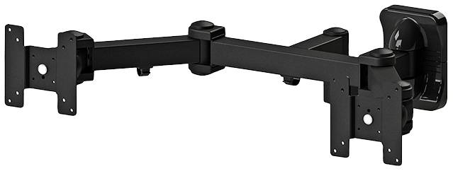 Support de moniteur métallique noir pivotant avec deux bras pour fixation murale. Adapté à deux moniteurs pour un positionnement flexible.