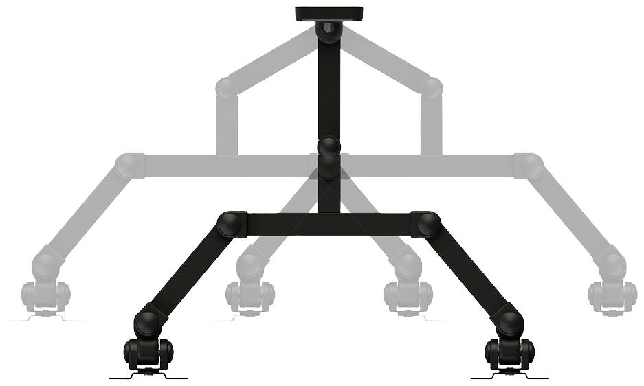 Socle de table noir à hauteur réglable et à roulettes, montrant trois positions différentes.