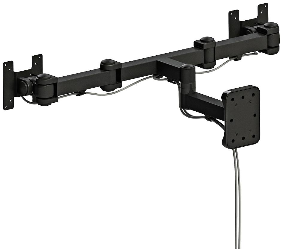 Un bras de moniteur noir et ajustable pour trois écrans, monté sur un mur. Les câbles sont soigneusement acheminés à travers le bras.