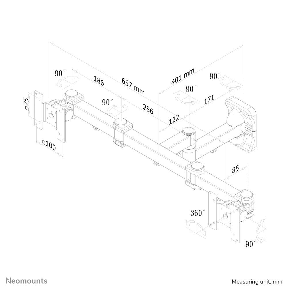 Dessin technique d'un support de moniteur avec dimensions en millimètres. Les composants principaux et les angles de mouvement sont représentés en détail.