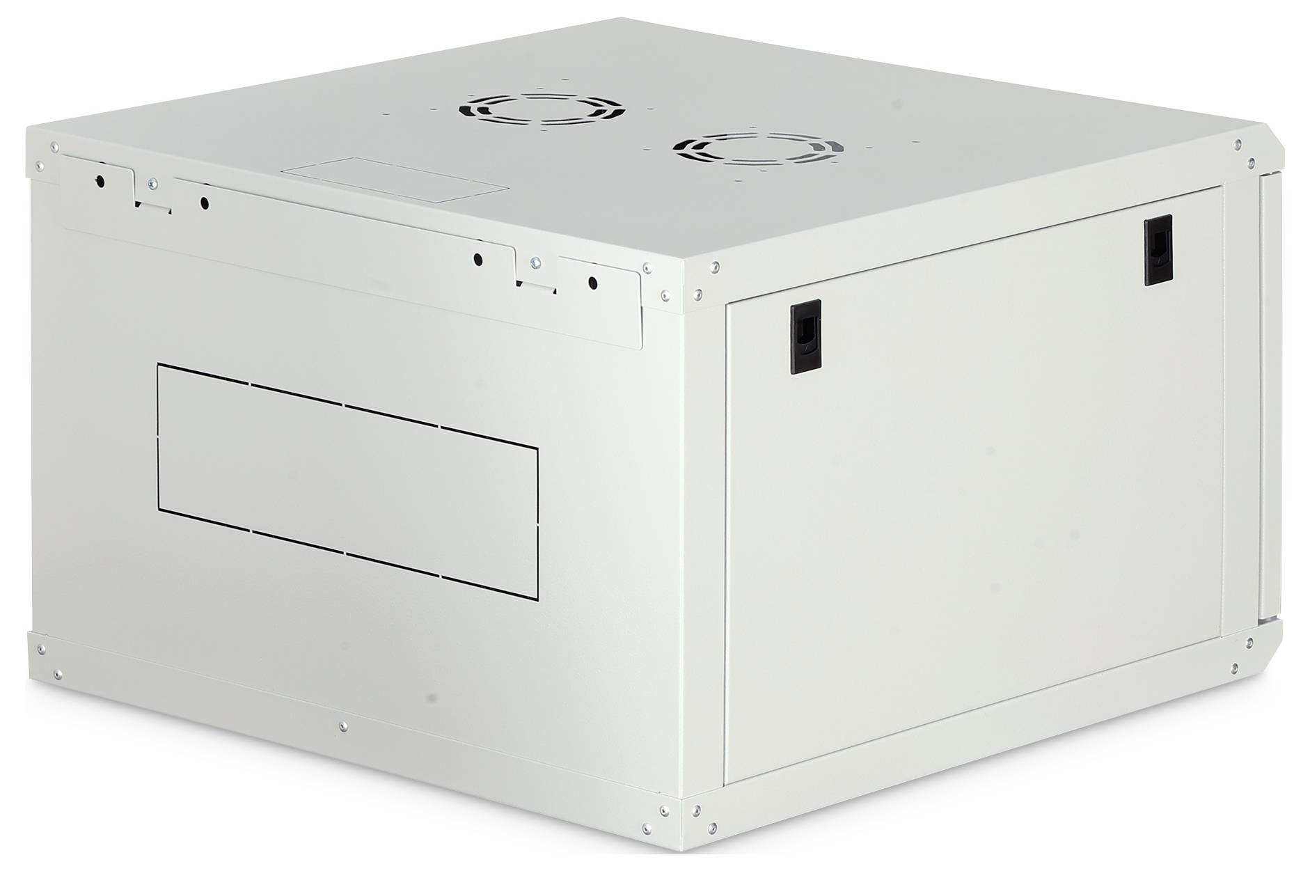 Un boîtier métallique rectangulaire blanc doté de deux ventilateurs de ventilation sur le dessus et de trois panneaux de couverture sur les côtés, conçu pour abriter du matériel électronique.
