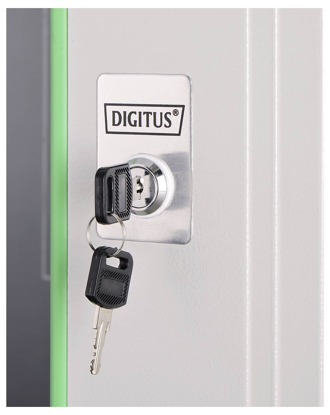 Gros plan d'un verrou sur la porte d'un meuble, avec un trousseau de clés inséré dans la serrure. Le verrou porte l'étiquette « DIGITUS » au-dessus.