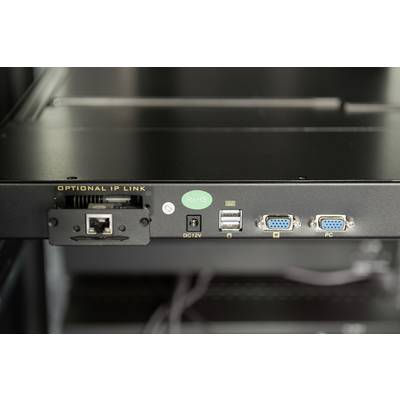 Face arrière d'un appareil électronique avec plusieurs ports, dont un port Ethernet, un port USB et des ports VGA.