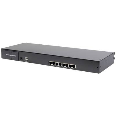 Commutateur réseau avec huit ports Ethernet et deux ports USB. Marquage 'Uplink optionnel' à gauche. Idéal pour les réseaux de bureaux.