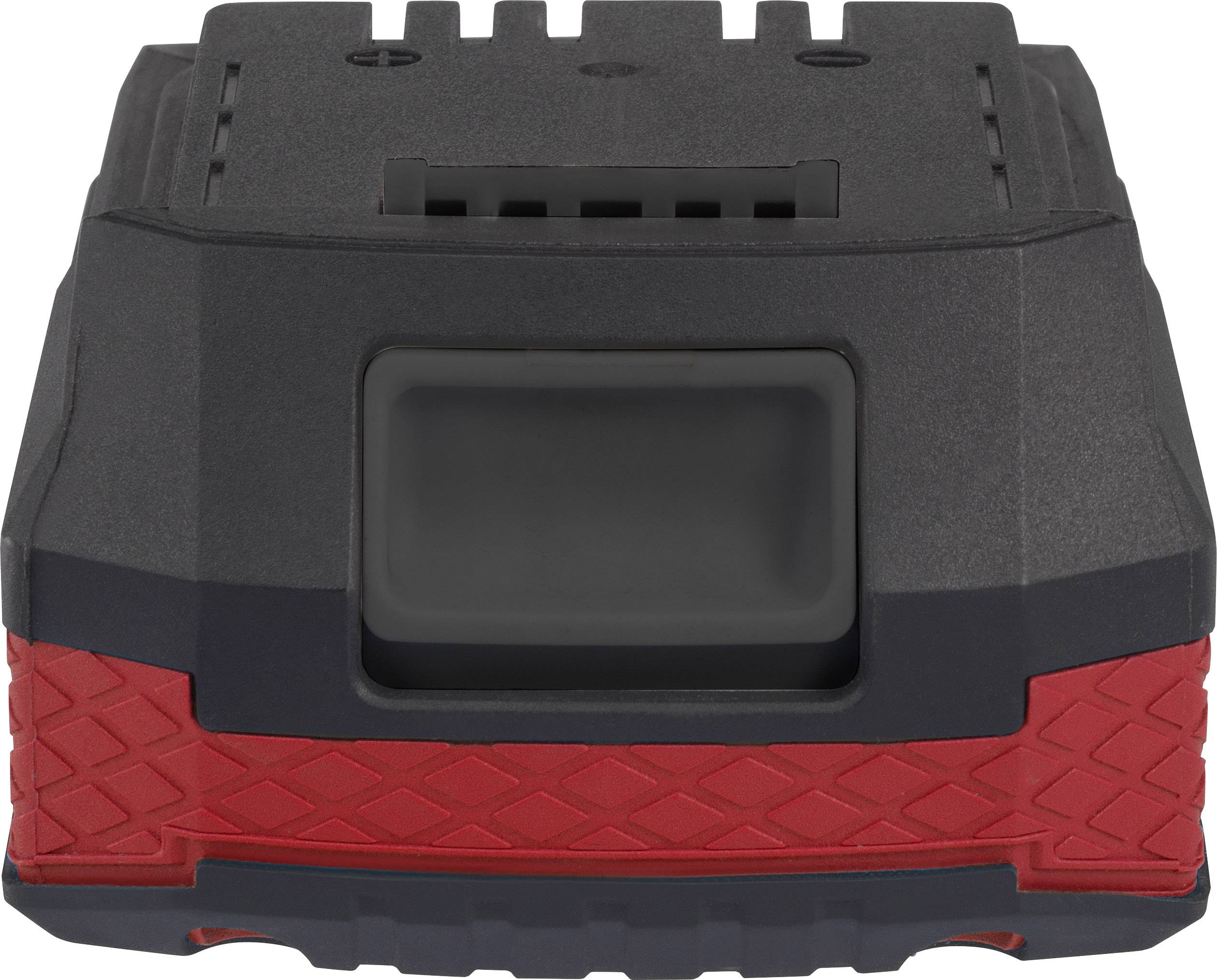 Un pack de batterie noir et rouge de forme rectangulaire avec une poignée structurée.