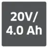 L'inscription sur la batterie indique '20V / 4,0 Ah', ce qui fait référence à la tension et à la capacité de la batterie.