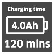Le temps de charge est représenté par un symbole de batterie affichant '4.0Ah'. En dessous figure le temps de charge '120 mins'.