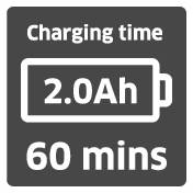 Illustration d'un indicateur de batterie portant l'inscription « Temps de charge 60 min, 2,0 Ah », montrant une capacité de charge de 2,0 ampères-heures en 60 minutes.