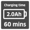 Illustration d'un indicateur de batterie portant l'inscription « Temps de charge 60 min, 2,0 Ah », montrant une capacité de charge de 2,0 ampères-heures en 60 minutes.