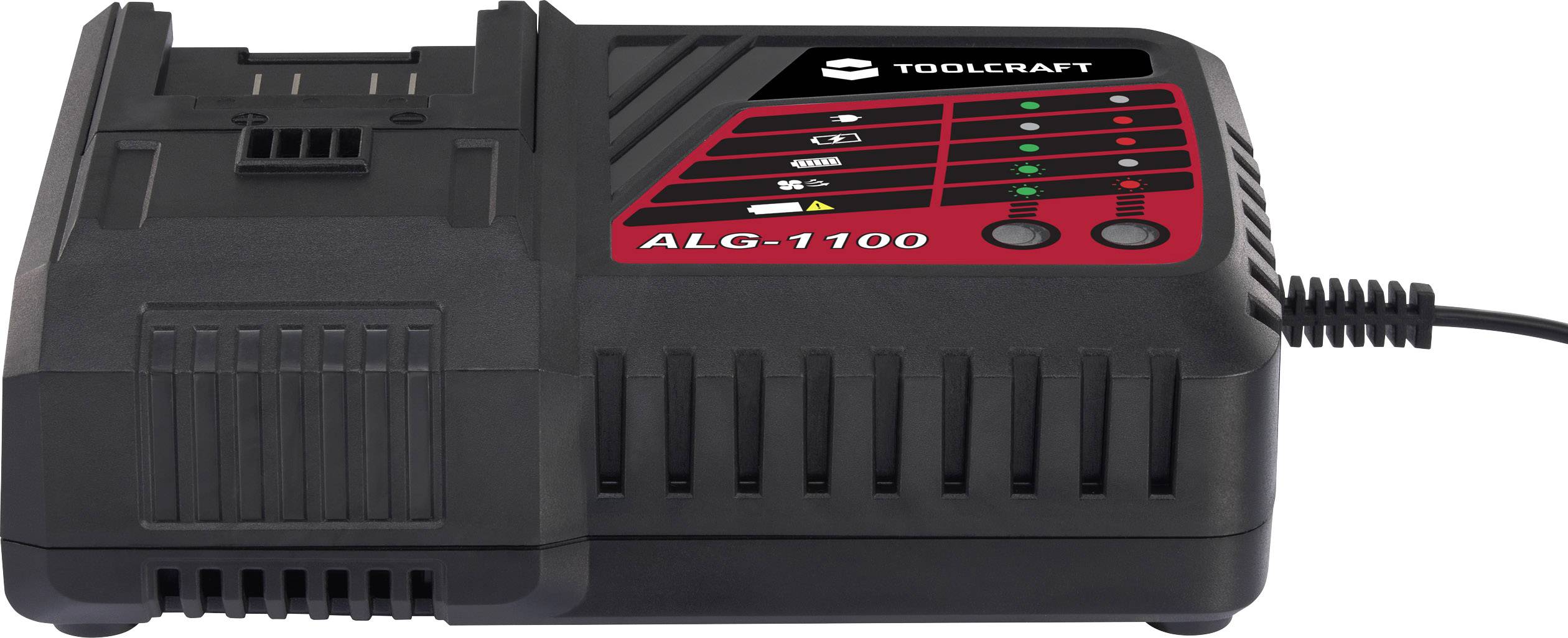 Chargeur noir avec panneau de commande rouge et indicateur de charge. Nom de la marque visible au-dessus des commandes. Câble connecté à droite.