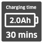 Temps de charge : 30 min, 2,0 Ah