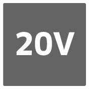 Un carré gris portant l'inscription noire '20V', indiquant une tension de 20 volts.