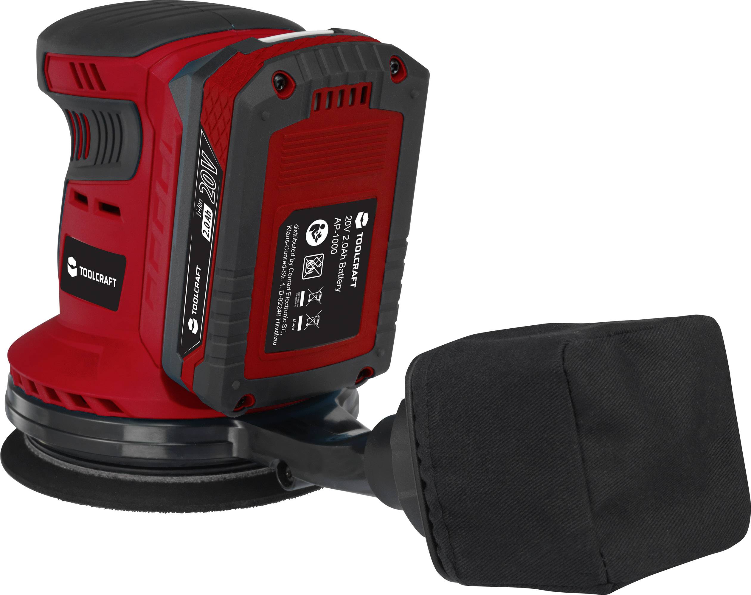 Un ponceuse excentrique portable à batterie, de couleur rouge, avec un sac à poussière noir. Adaptée pour le ponçage de surfaces.