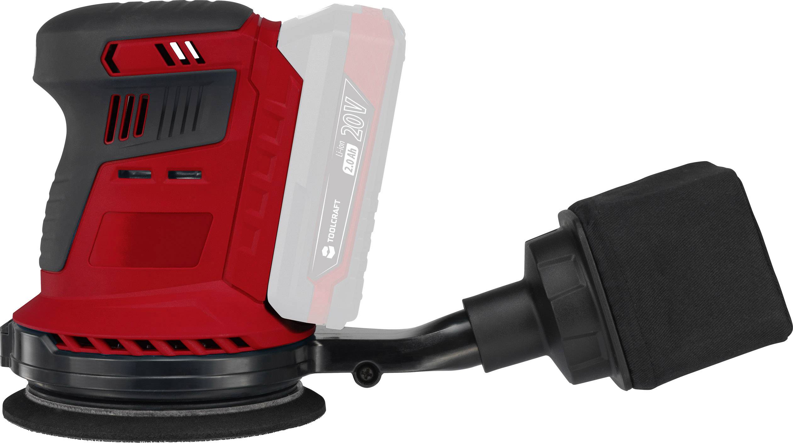 Un meuleuse rouge, sans fil, électrique avec une batterie de 20V. Outil pour poncer les surfaces dans l'atelier.