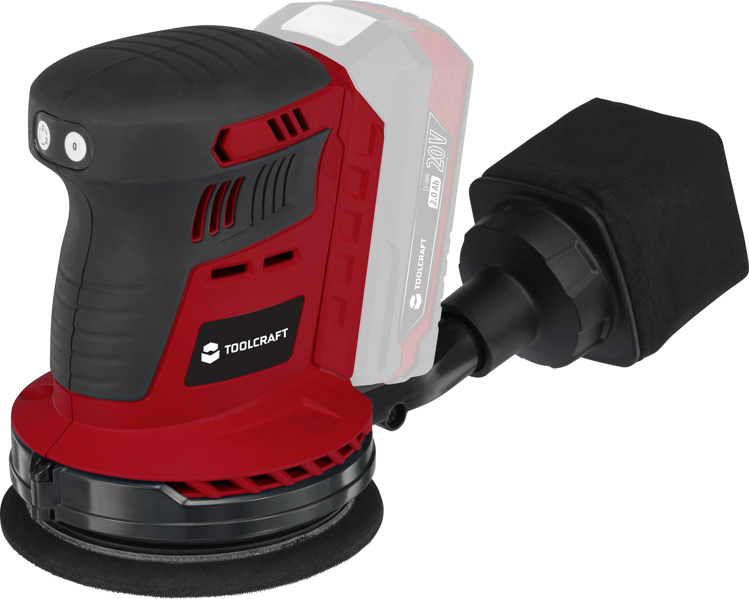 Un ponceuse vibrante électrique rouge et noire de la marque TOOLCRAFT, avec batterie amovible et réservoir de récupération des poussières.