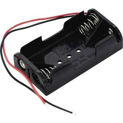 Support de pile noir pour deux batteries AA avec câbles de connexion rouges et noirs.