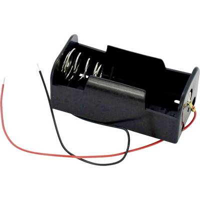 Support de pile en plastique noir pour deux piles AA avec des fils de connexion rouges et noirs.
