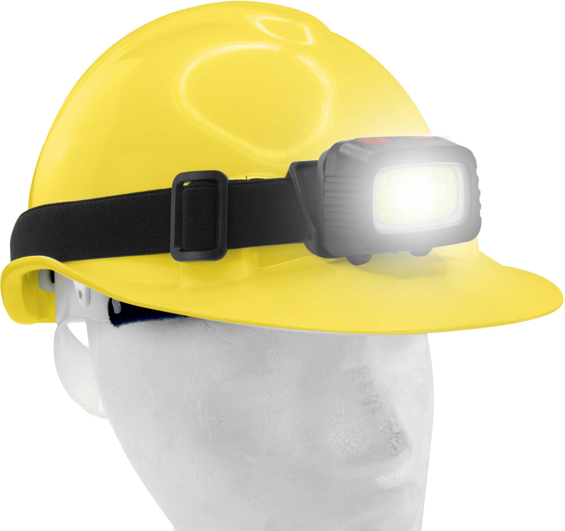 Casque de sécurité jaune équipé d'un projecteur frontal actif, adapté aux travaux de construction et de sécurité.