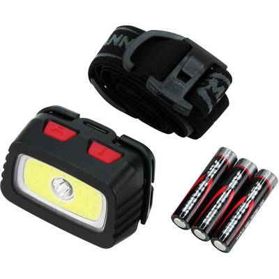 'Lampe frontale LED avec bandeau élastique et trois piles AA.'