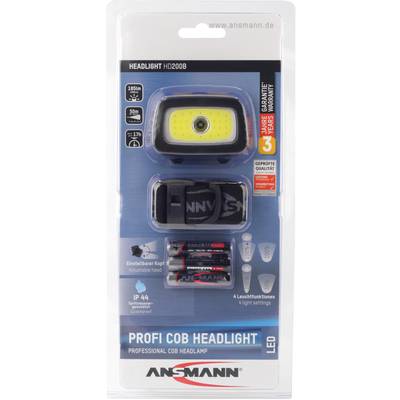 Lampe frontale LED rechargeable d'Ansmann avec tête réglable. Étanche IP44, livrée avec 3 piles AAA, quatre modes d'éclairage.