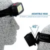 'Buste grise de côté ; Lampe frontale avec tête ajustable, montrant un angle de 45°. Texte : 'Éclairage optimal dans toutes les situations'.'