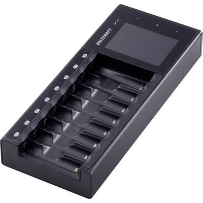 Chargeur avec huit emplacements, compatible avec les piles AA et AAA. Un écran est situé en haut pour indiquer l'état de charge.