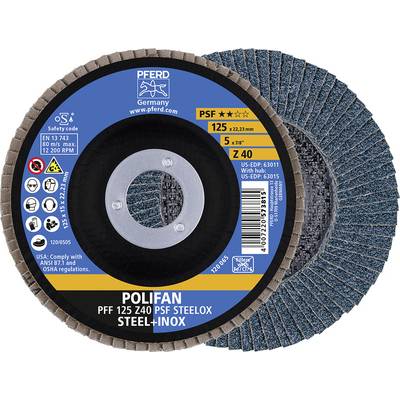 Disque à meuler PFERD, type POLIFAN PSF, diamètre 125 mm, pour acier et inox. Contient des spécifications et des informations de sécurité.