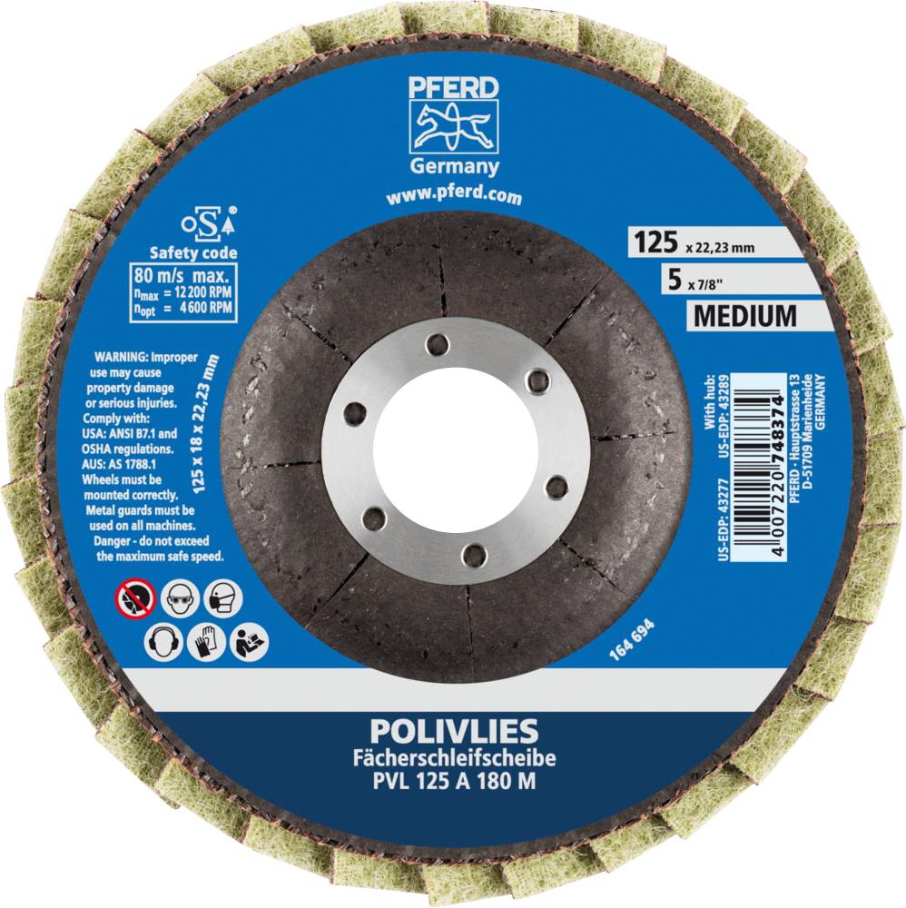 'PFERD POLIVLIES Disque à lamelles, taille 125 x 22,23 mm, Qualité Moyenne. Adapté pour le meulage machine, max. 80 m/s.'