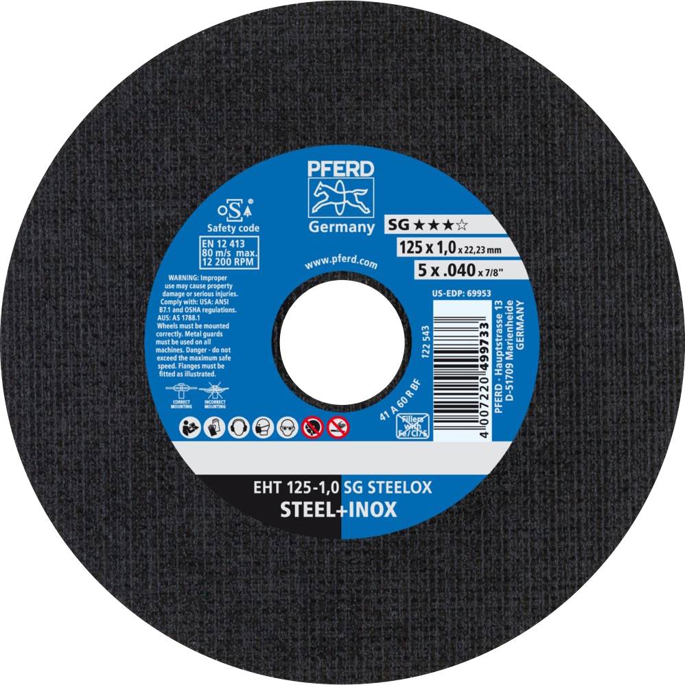 Disque à meuler 'PFERD Germany' avec centre bleu ; Modèle EHT 125-1,0 SG STEELOX, adapté pour acier+inox, max. 12200 tr/min.