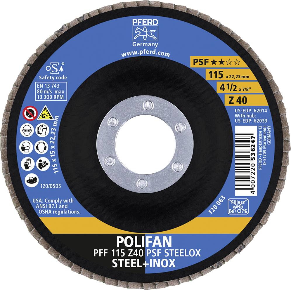 Disque abrasif à bordure bleue portant la marque "Pferd". Adapté pour l'acier et l'inox. Divers avertissements de sécurité et informations sur le produit.