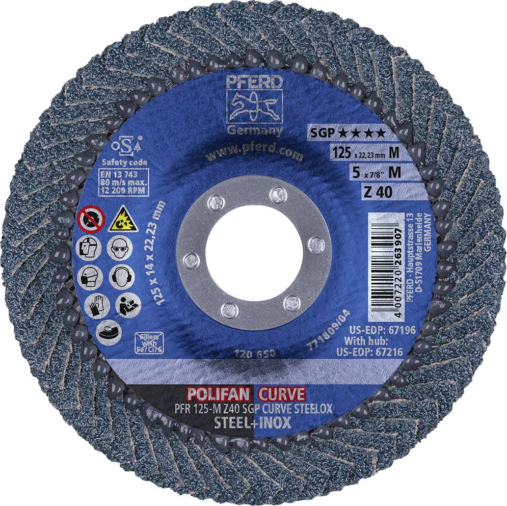 Une meule à ébarber de la marque PFERD, adaptée à l'acier et à l'inox, avec les dimensions 125 x 22,23 mm et un grain de 40.