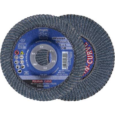 Deux meules abrasives de la marque Pferd, modèle Polifan Curve, avec étiquetage bleu et informations produit en blanc et rouge.