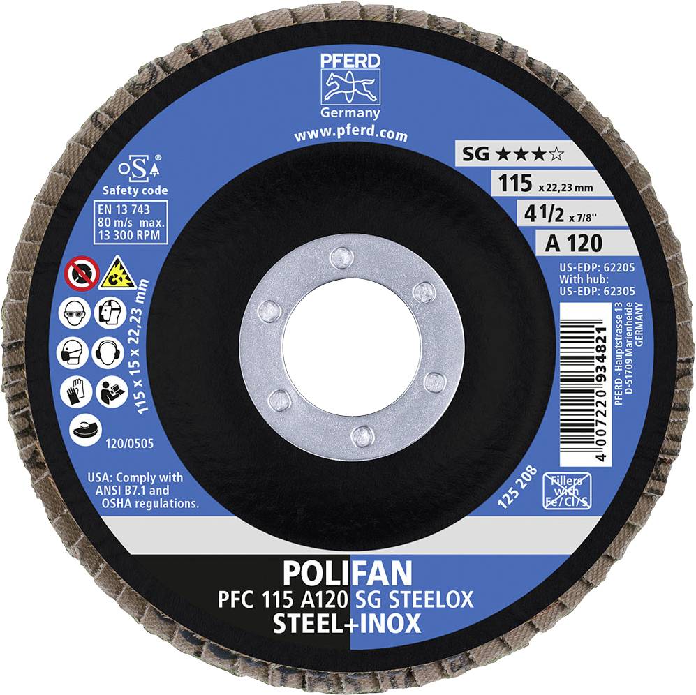 Disque à tronçonner de la marque PFERD, modèle POLIFAN PFC 115 A120 SG STEELOX, adapté pour l'acier et l'acier inoxydable, diamètre 115 mm.