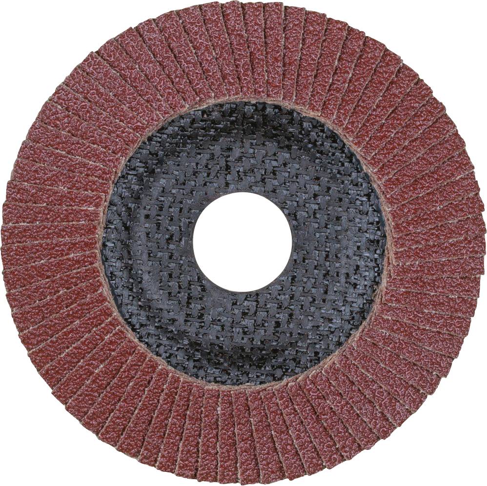 Un disque abrasif rond avec des lamelles rouge-brun et un centre noir. Il est typiquement utilisé pour lisser des surfaces.