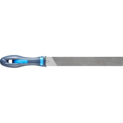 Un outil de lime plate en métal avec une poignée ergonomique bleue, utilisé pour lisser ou façonner des surfaces.