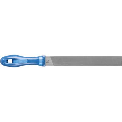Lime en métal avec poignée en plastique bleu, adaptée pour lisser les surfaces dans des applications artisanales ou industrielles.