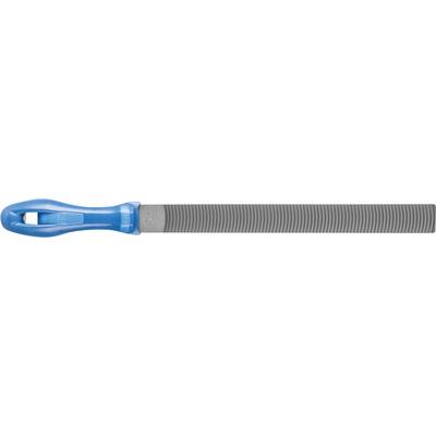 Lime en métal avec manche en plastique bleu ; utilisée pour lisser et façonner les surfaces métalliques.