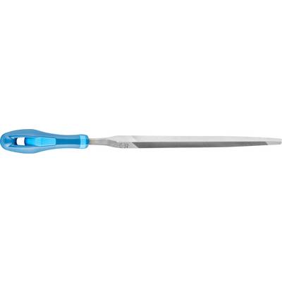 Une lime plate avec une poignée en plastique bleu, adaptée au traitement des surfaces métalliques.