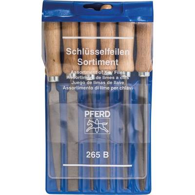Ensemble de cinq limes à clés avec manches en bois dans un emballage bleu. Marque : PFERD. Inscription : Assortiment de limes à clés 265 B.