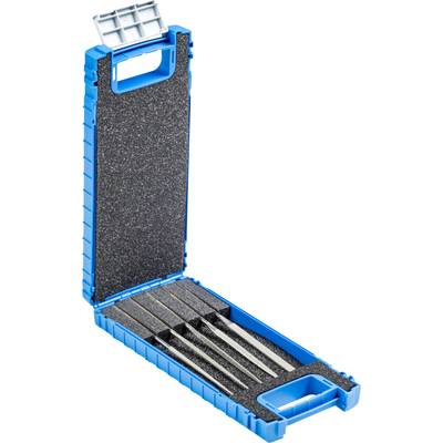 Boîte bleue à couvercle ouvert, contenant plusieurs limes dans des insertions en mousse. La boîte sert au rangement organisé des outils.