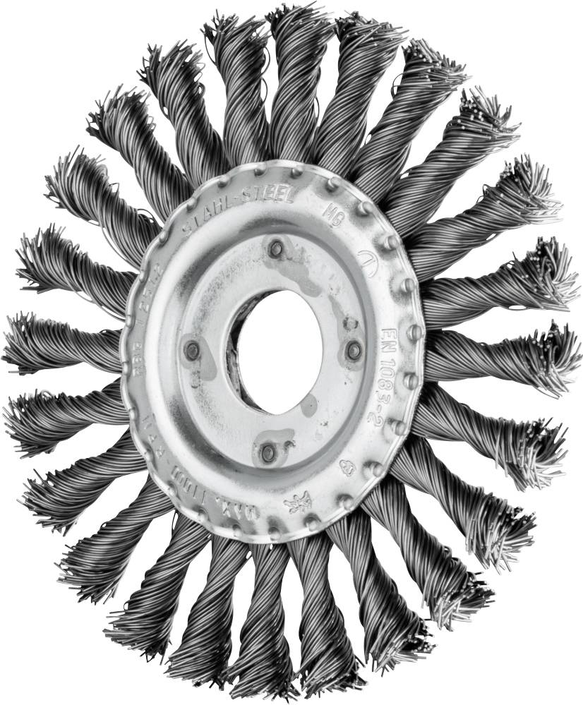 Brosse métallique rotative à poils circulaires en forme de disque. Adaptée pour éliminer la rouille et la peinture.