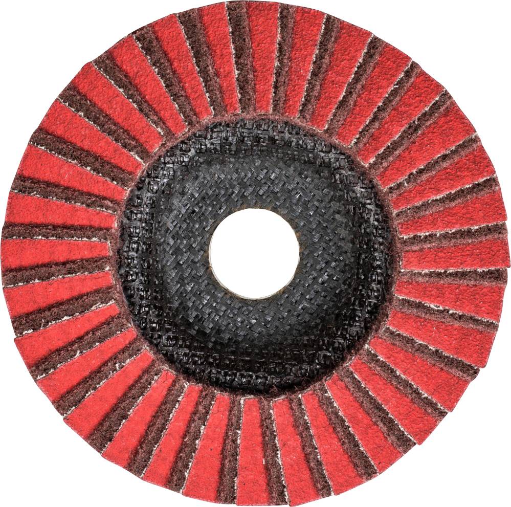 'Un disque abrasif avec des lamelles abrasives rouges disposées circulairement autour d'un trou central, sur fond blanc.'