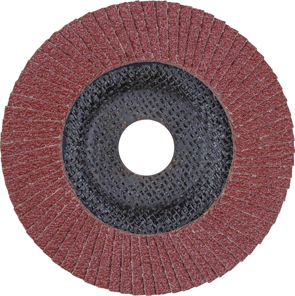 Un disque abrasif circulaire avec des lamelles rouges disposées radialement autour d'un orifice central. Adapté pour le meulage de métaux.