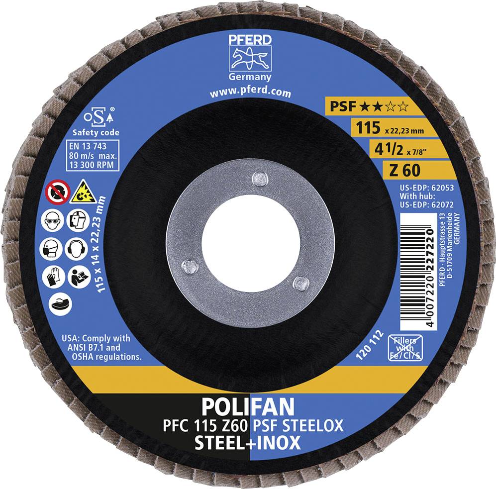 Disque à meuler portant l'inscription 'Polifan PFC 115 Z60 PSF Steelox', adapté pour l'acier et l'inox, diamètre 115 mm, marque Pferd.